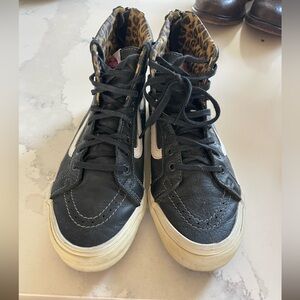 Vans Black High-Top Sneakers with Leopard Print Lining 8.5